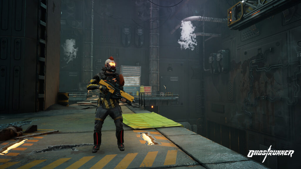 An image of the most common enemy faced in the early stages of Ghostrunner, being a red-mohawked, armored male with a one-shot rifle.