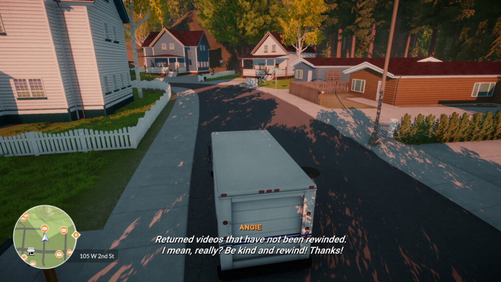 A postal van drives through a sunset-lit road