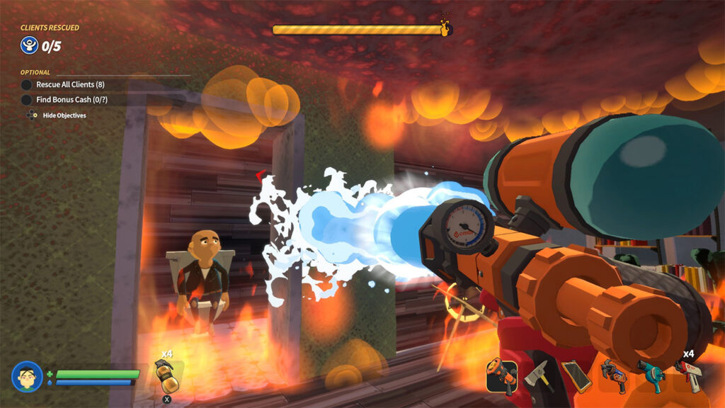 In the centre of the image a gun fires water at a blazing building in the background. There is a man sat in the background.