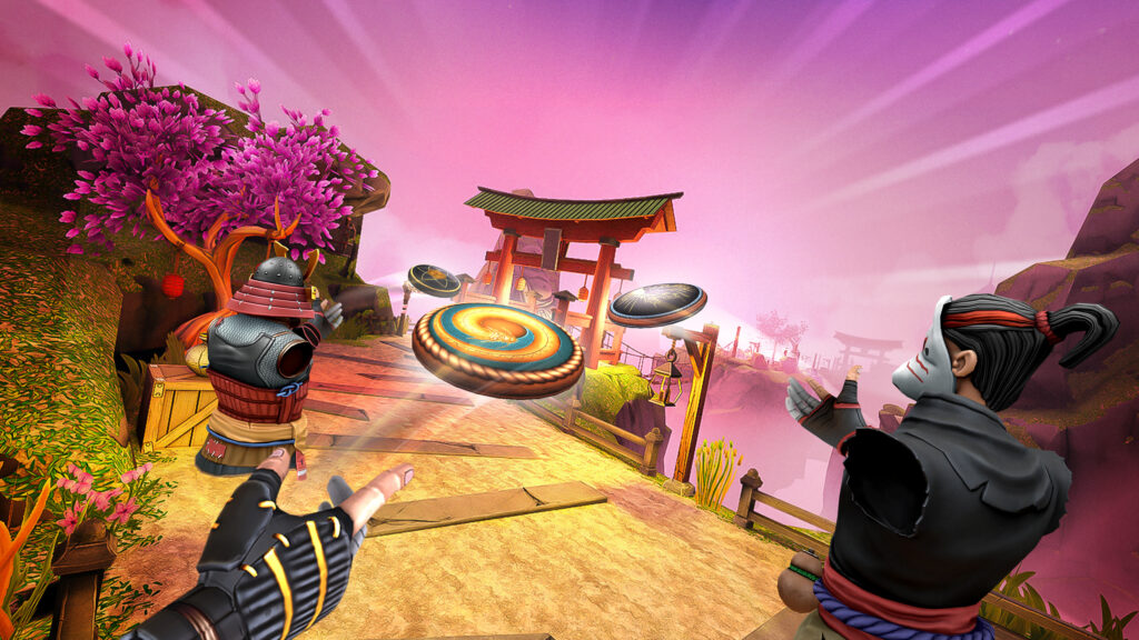 Three ninjas throw frisbees forward in a Feudal Japan setting with a pink sky.