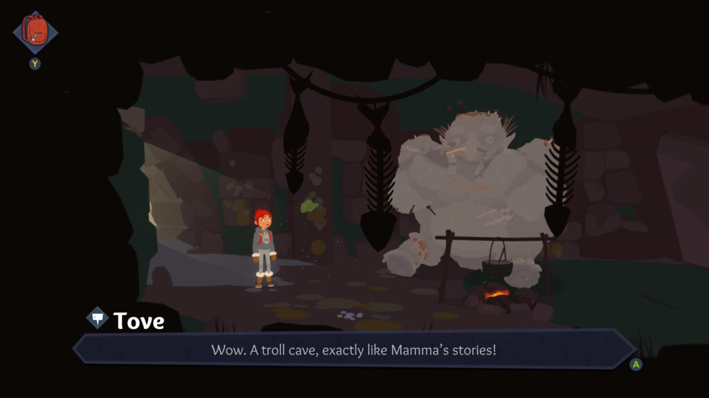 Tove stands in a cave talking to a troll who has a troll flute in their nose