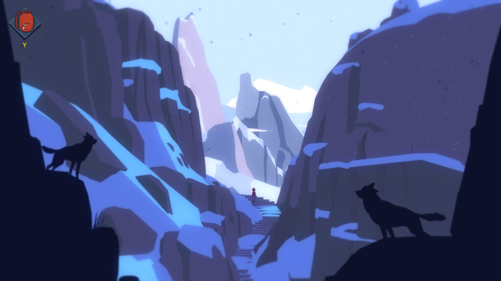 Tove stands in the distance on a path which leads upwards through a mountainous route. Two wolves flank the entrance.