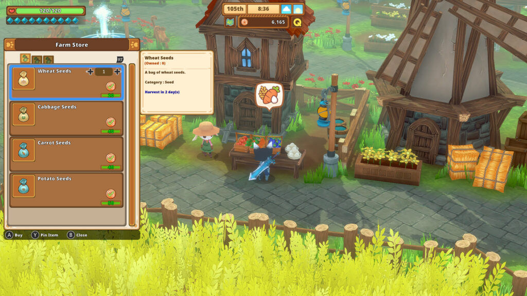 A black and white cat views the inventory of a rabbit salesman in Paw Village.
Kitaria Fables Nintendo Switch Review