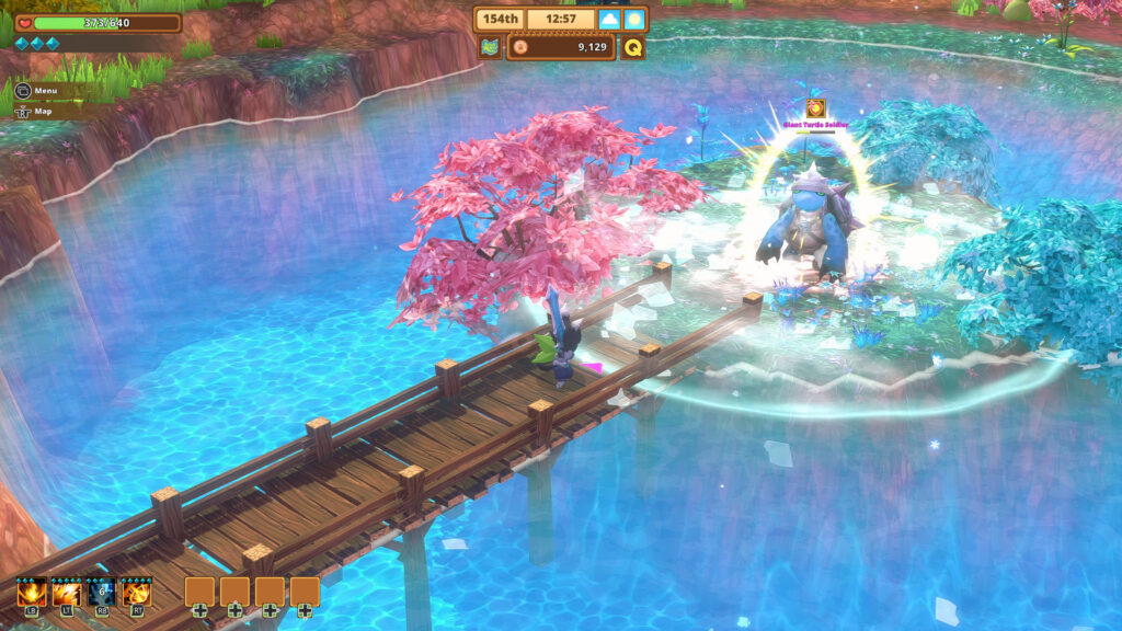 A cat fights off against a giant turtle enemy from a boardwalk across a lake.
Kitaria Fables Nintendo Switch Review