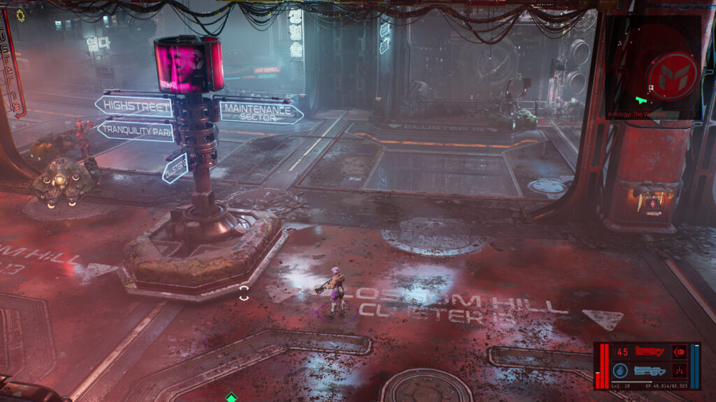 A street scene in The Ascent video game. A signpost points to the High Street, Tranquility Park, Cluster 13 and the Maintenance Sector.