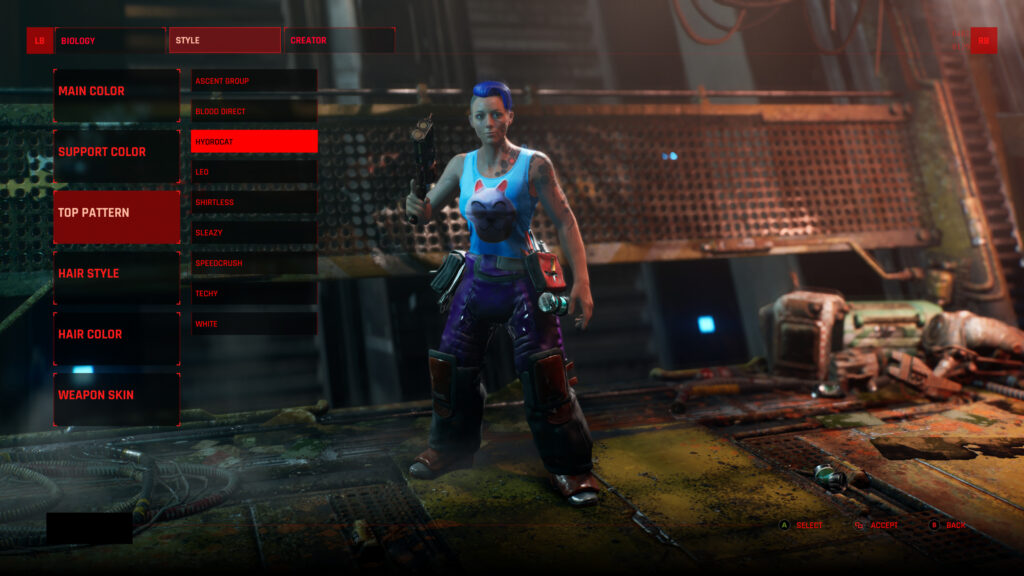 On the left of the screen are options for modifying your character, in the middle is my modified character. The background is an industrial lift.