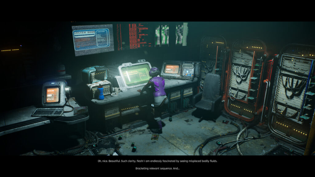 My character is accessing a computer console with various screens above them and servers to the right.