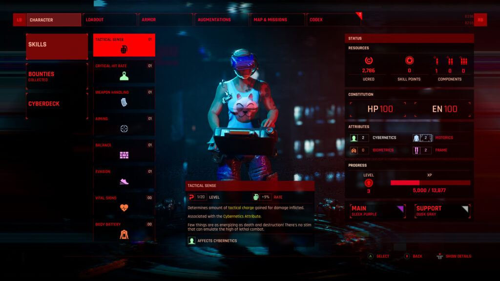 On the left are the skill upgrade options with a view of my character in the middle of the screen. On the right are details about credits, components, constitution, attributes and character level.