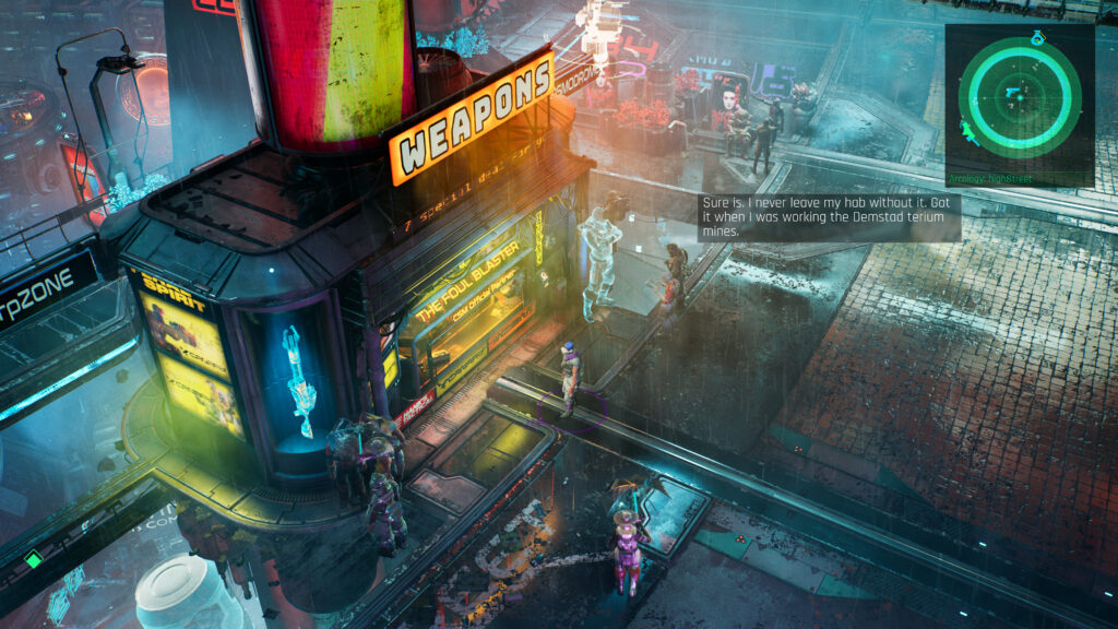 A scene on the streets of Veles in The Ascent video game, on the left is a weapons shop. People are walking in the street and my character stands in front of the shop.