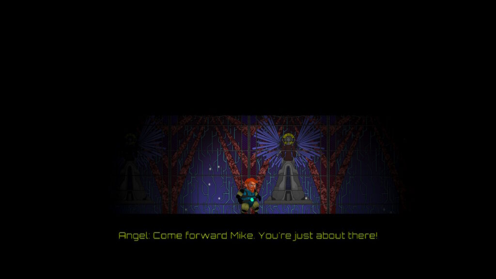Mike stands in front of a picture of the Angel, which promises that he is almost at his destination.