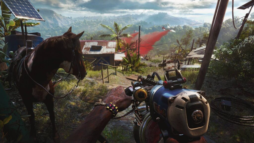 A horse on the left with hands holding a gun in the foreground and trees and rickety looking shed buildings descending down a slope