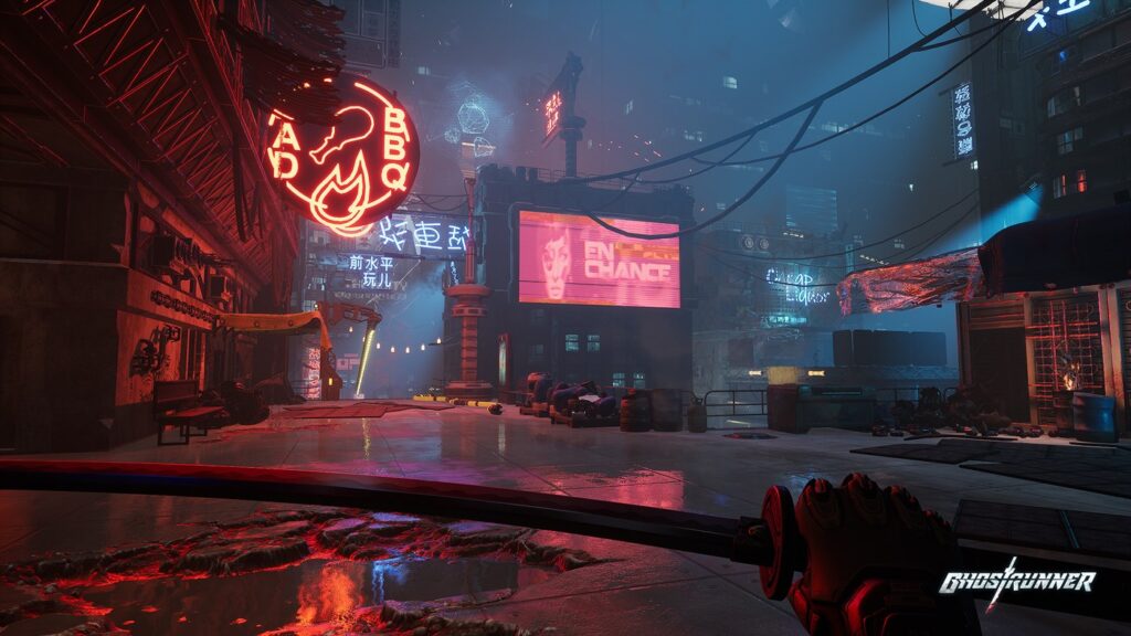 Ghostrunner looks over a neon-drenched city congested with garbage and advertisements.