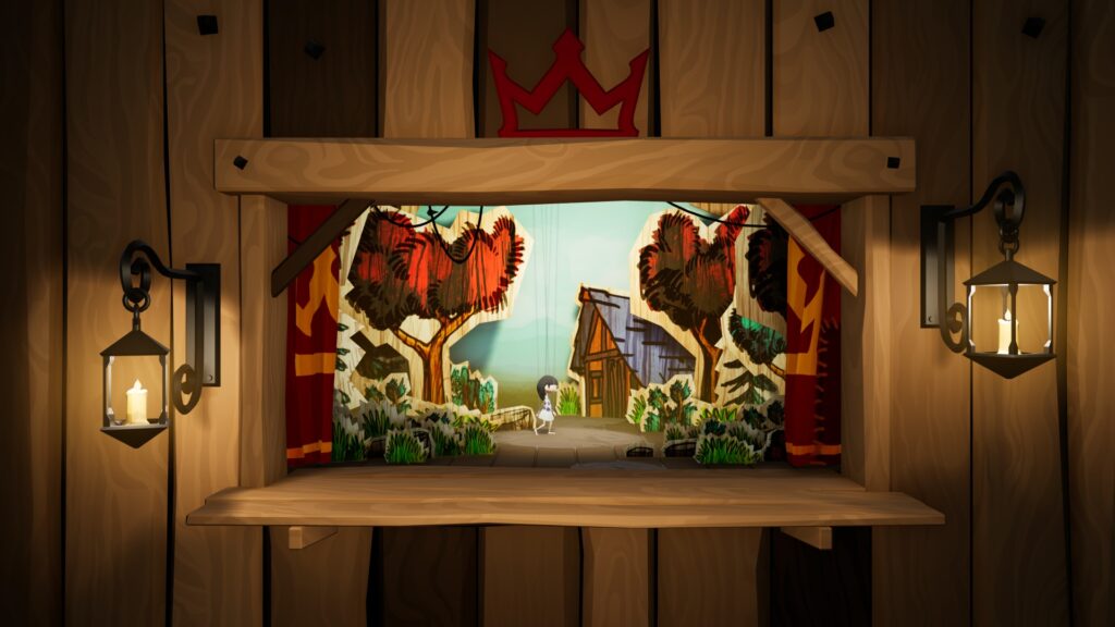 A traditional puppetry show box with a girl puppet walking to the right in amongst trees.
A Juggler's Tale Nintendo Switch Review Rapid Reviews
