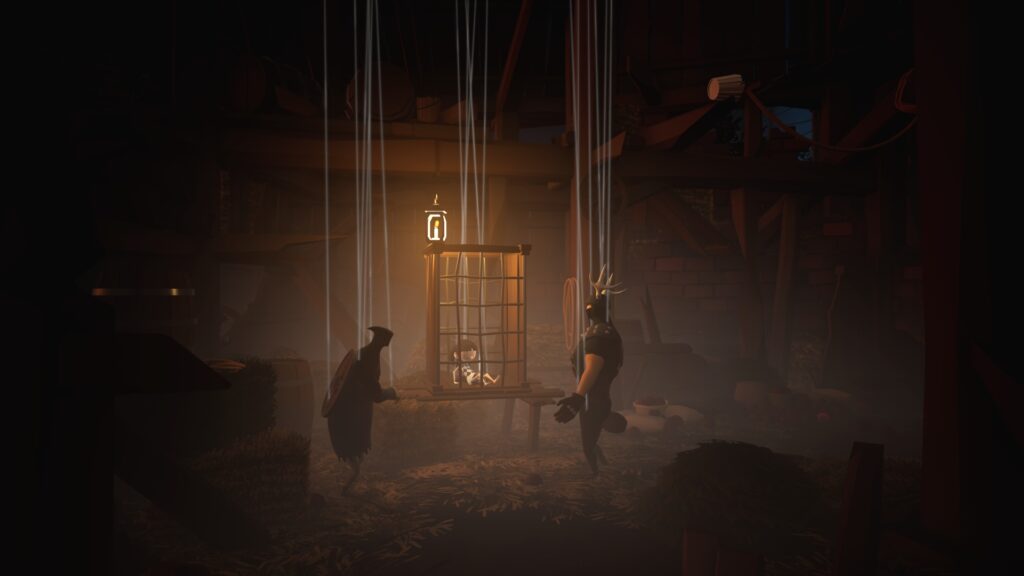 A dark scene with a puppet girl trapped in a cage while two other puppets look on.
A Juggler's Tale Nintendo Switch Review Rapid Reviews