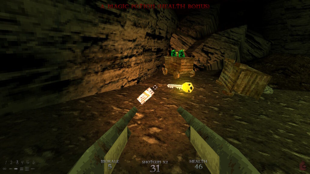 Two shotguns facing a sniper rifle ammo pickup and a yellow key