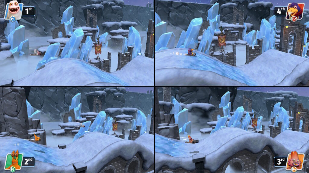 Four monsters sliding down icy slopes