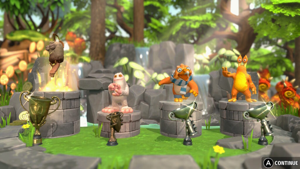 Characters standing at podiums that show their performance in the game