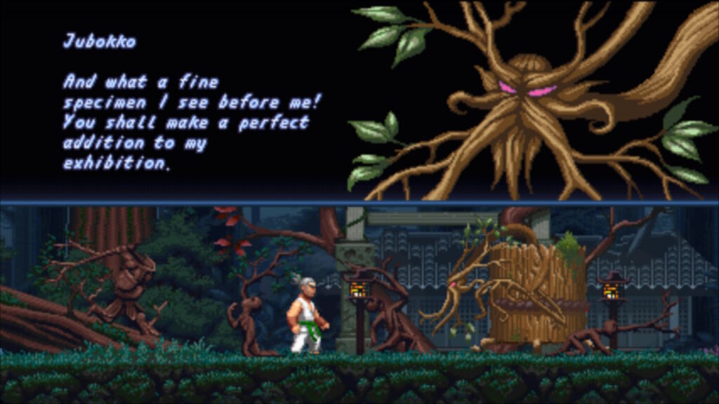 White ninja facing a wooden figure