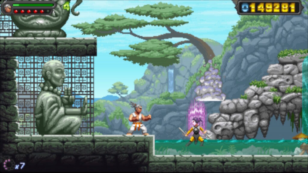 ninja standing in an area filled with stone statues and water facing a foe dressed in yellow with two sai
