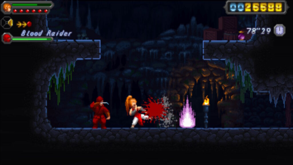 red headed girl kicking a ninja to a bloody pulp