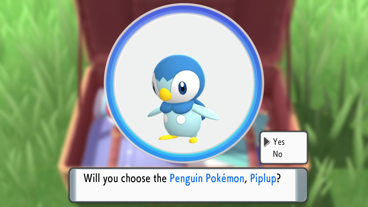 A Piplup is in a circle, with a prompt asking “Will you choose the Penguin Pokémon, Piplup?”