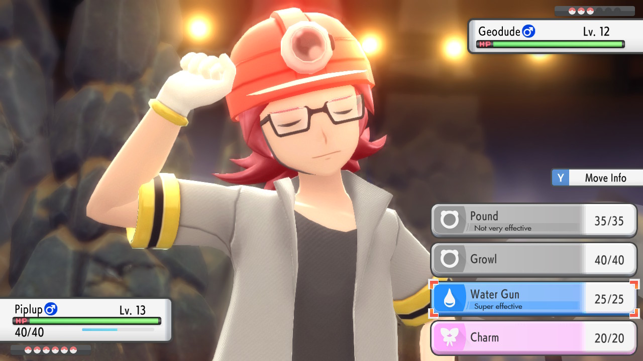 A miner type trainer waits for me to take my turn with Piplup in battle.