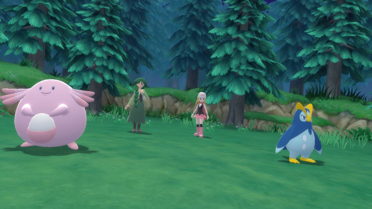 My character and Cheryl stand with their respective Pokémon in battle; a Chansey and a Prinplup