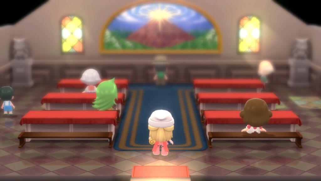 My character entering a church with stained glass windows depicting the Sinnoh region.