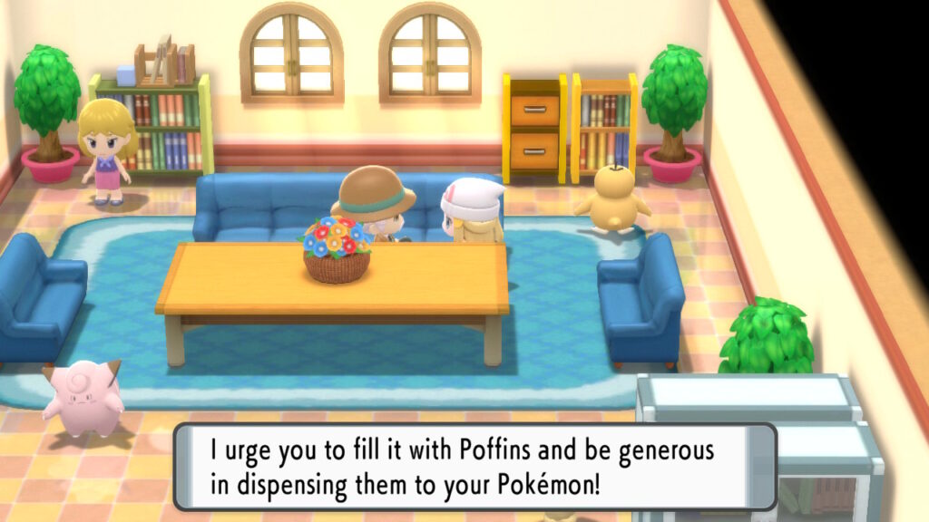A man giving my character a Poffin case and saying “I urge you to fill it with Poffins and be generous in dispensing them to your Pokémon!”