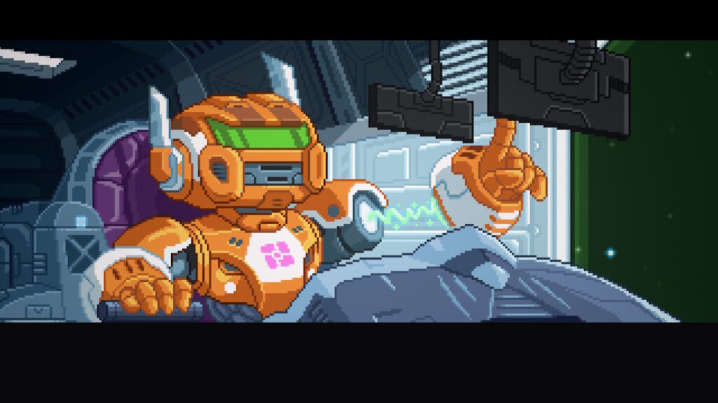 Magbot flying through space in a rocket ship