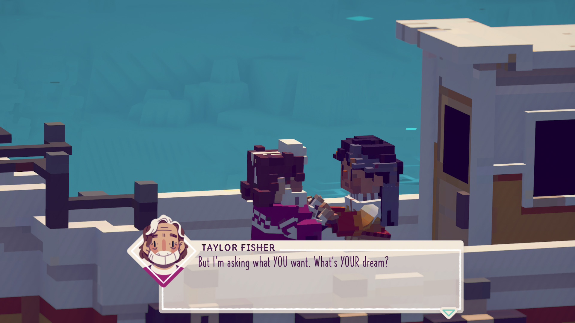 Your chosen partner holds hands with your protagonist on a boat, asking what your dreams are.