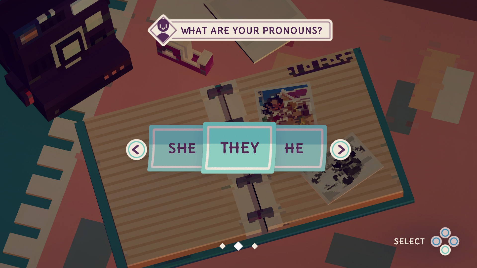 A text box asks "What are your pronouns?" with she, they and he in blue boxes underneath.