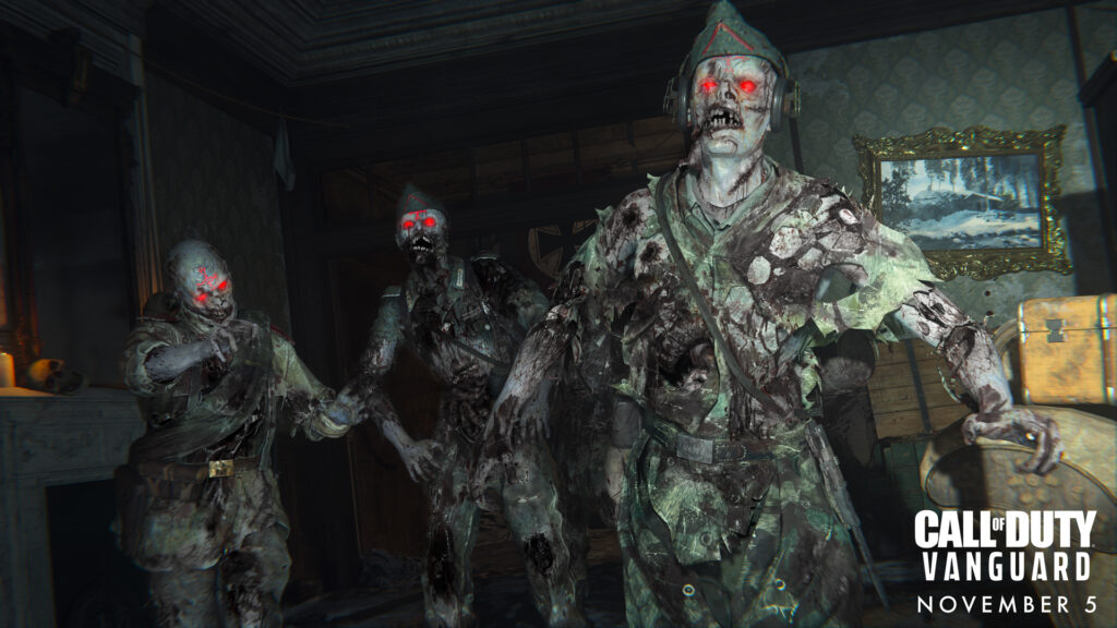 Three zombies stagger around a run-down room with a painting on the wall to the right and a fireplace to the left