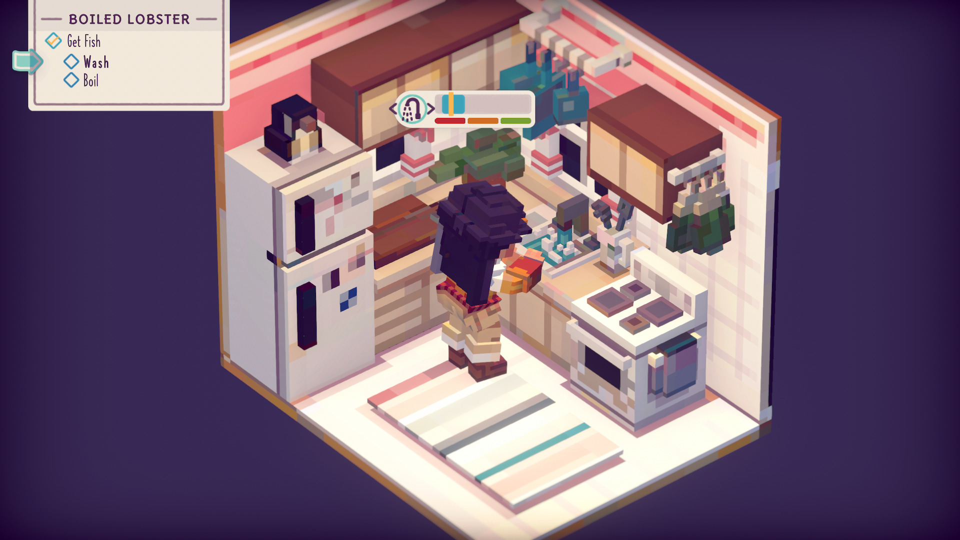 The protagonist stands in a small square kitchen, washing a lobster in the sink.
