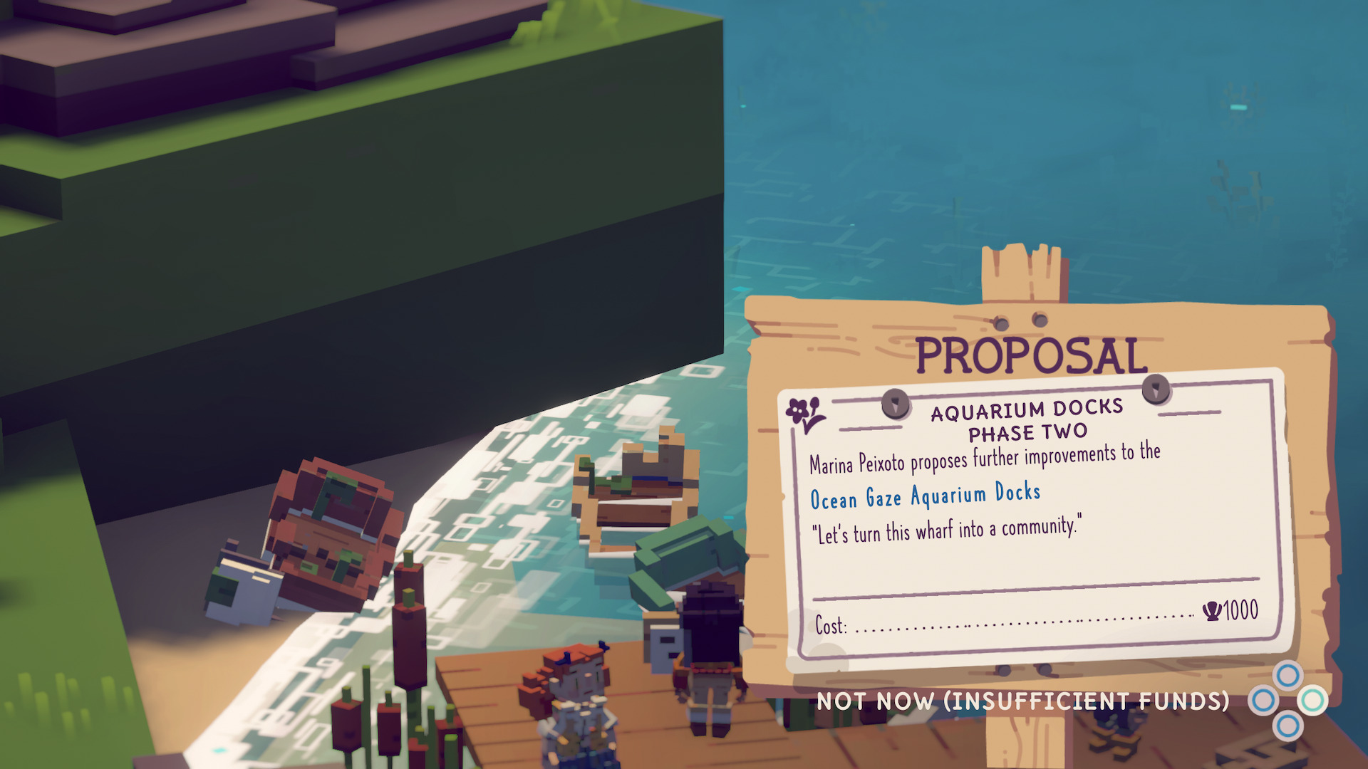 A proposal board shows that it will cost 1000 shells to improve the Ocean Gaze Aquarium Docks.