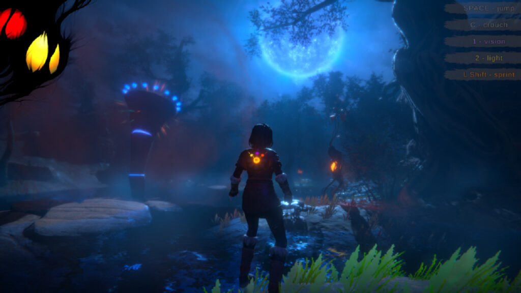 Cora looking out across the perilous waters, with several Lumium plants in the distance.
Seed of Life PC Review Rapid Reviews UK