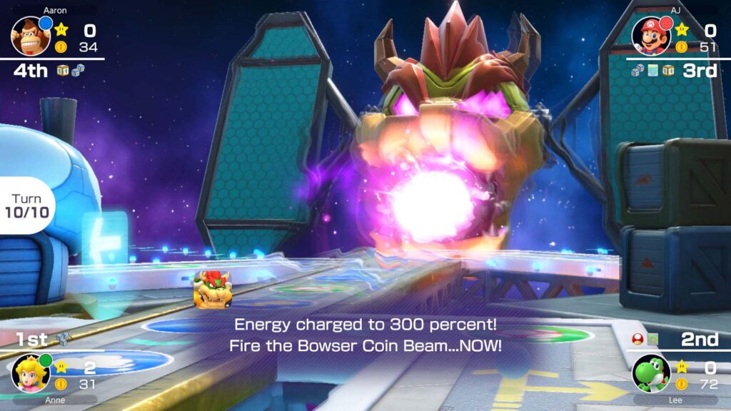A giant Bowser satellite charging its pink coin beam on a space themed board.