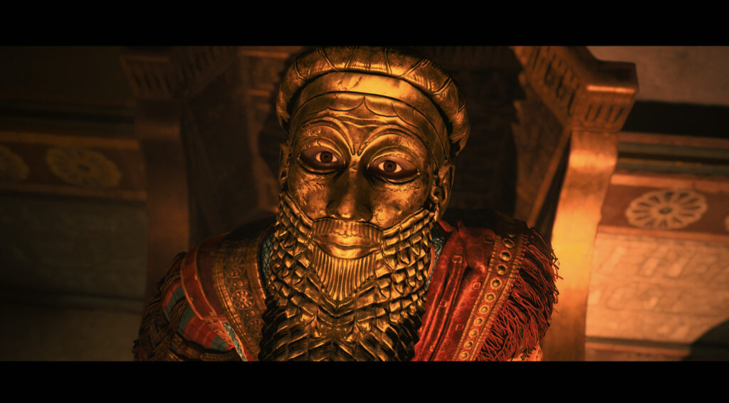 A mask wearing ruler looking up in House of Ashes.