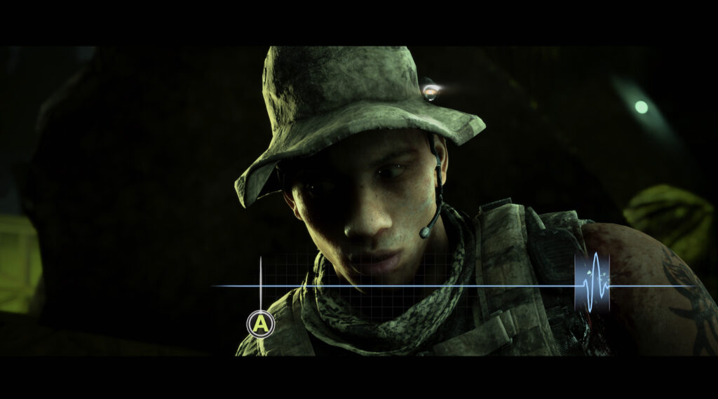 Nick is crouched down. Showing a QTE segment in House of Ashes.