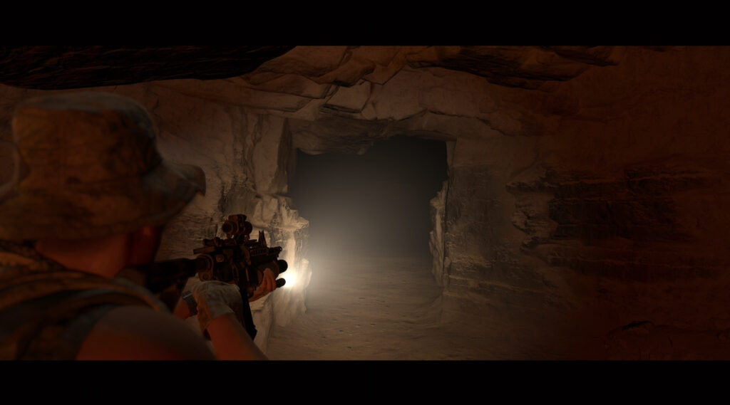 Nick wanders the dark caverns, using his gun's torch to light the way.