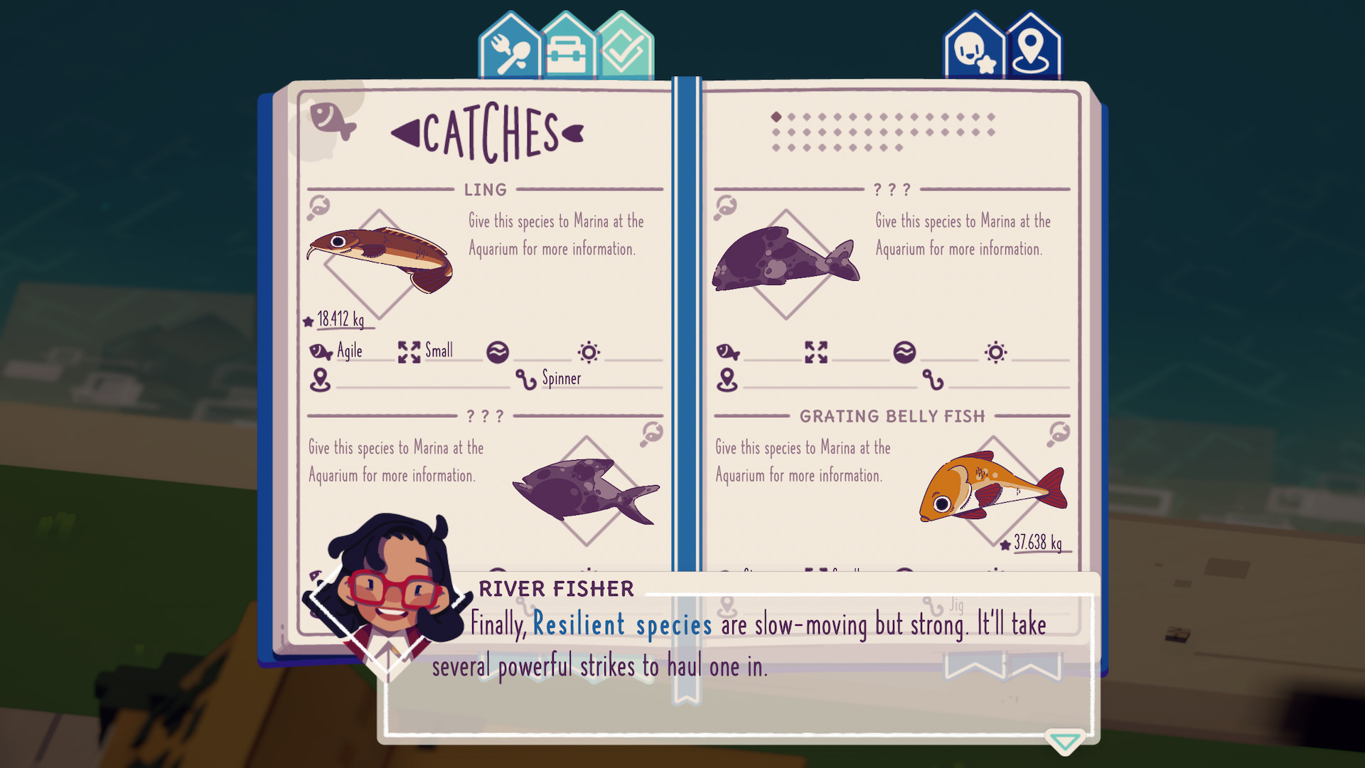 An open journal lists the catches or fish that have been found so far, like the Ling.