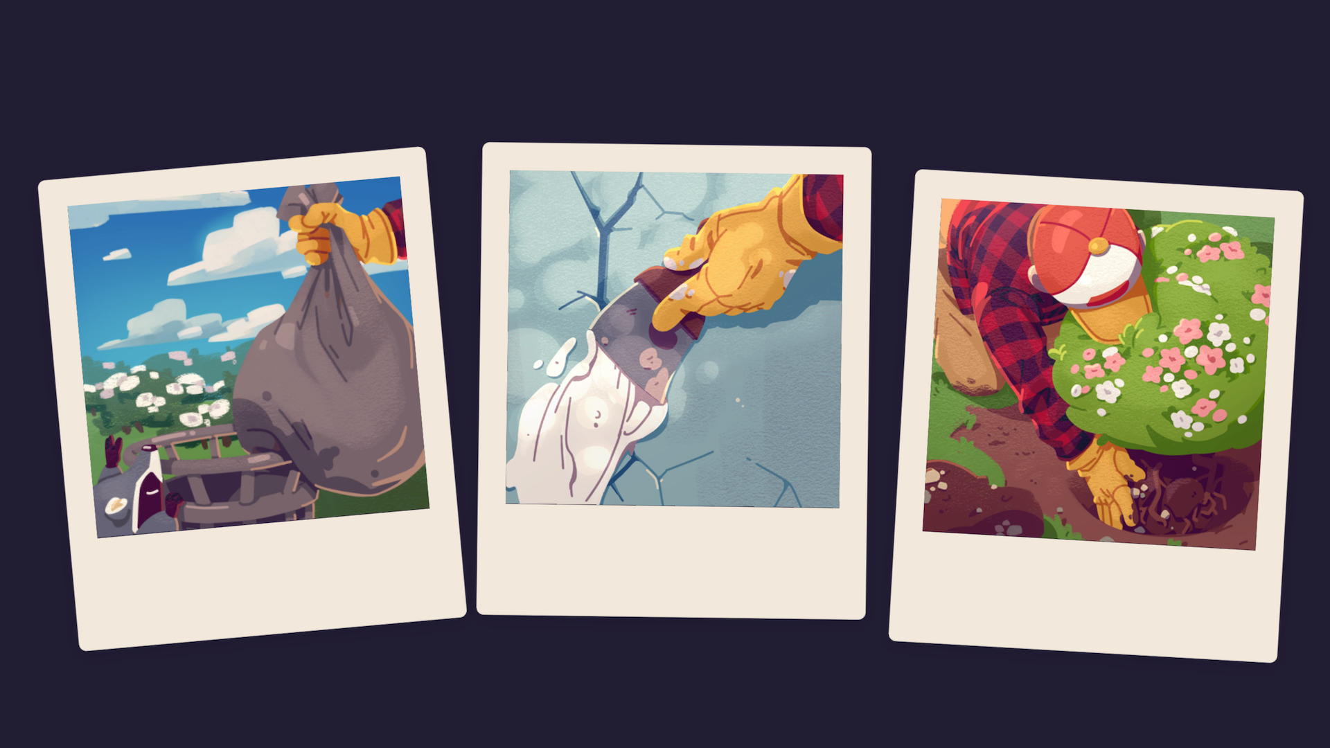 Three polaroid type illustrations show the process of tidying up rubbish, painting and gardening.