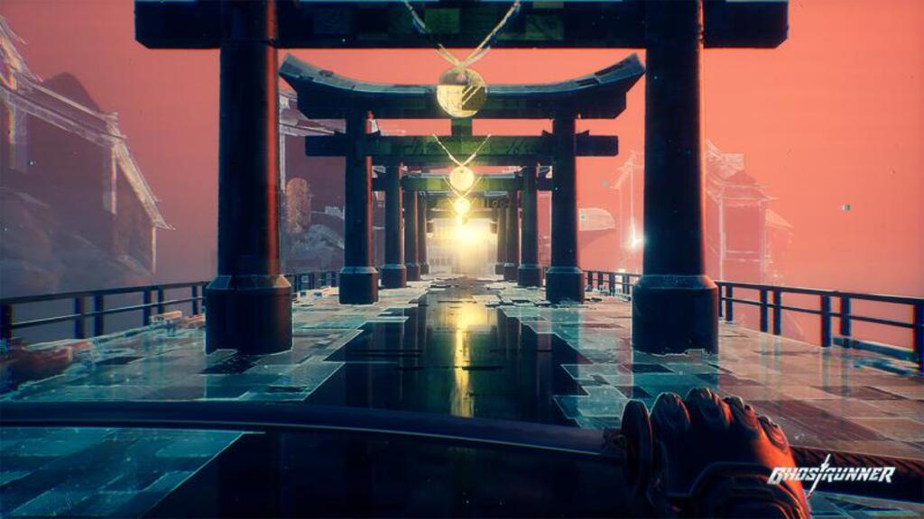 Ghostrunner looks over a fantastical floating Japanese-inspired village, showing off ray-tracing reflection technology.