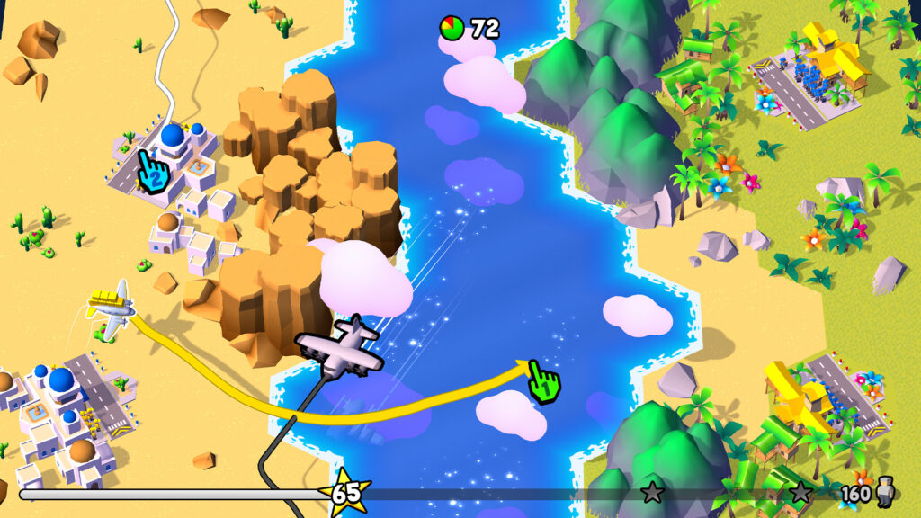 A glimpse at one of the desert maps on Fly Together, where planes must be moved between airports. An easier level.