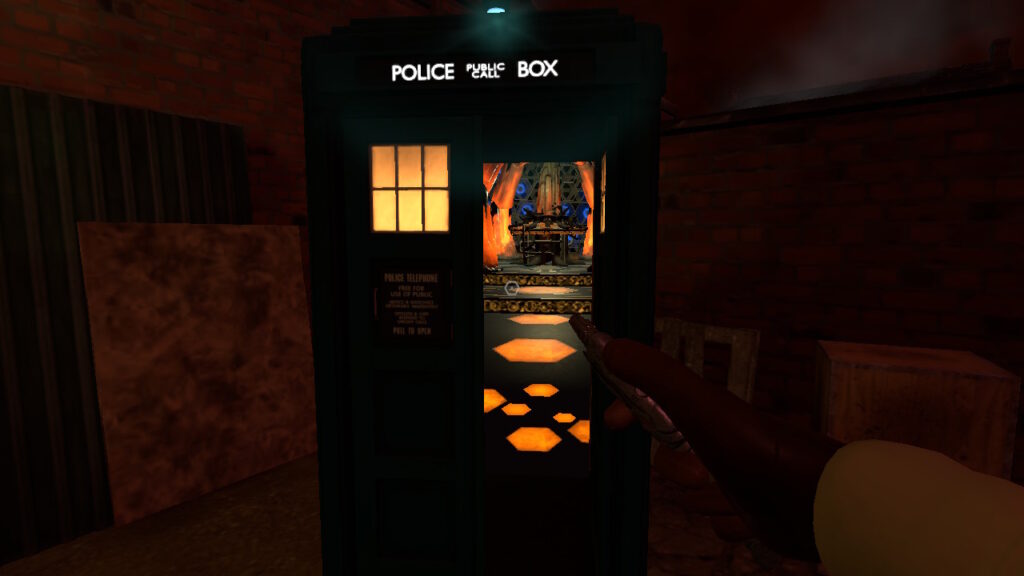 Standing outside the TARDIS where one door is open, showing you the bright orange of the TARDIS interior.
