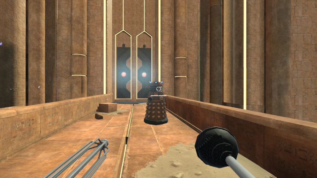 Looking at another Dalek on a temple bridge from a Dalek's point of view, with its weapons pointing outwards.