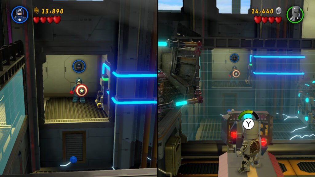 Iron man working on the platform while captain america works to cross