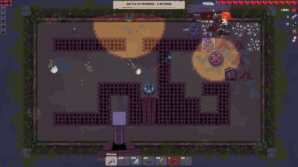 Angel swinging a pickaxe at approaching zombies. There are also towers that are shooting at the zombies too.