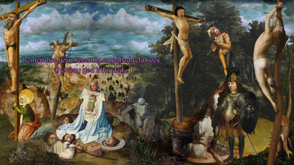 Lady selling crucifixion merch surrounded by people being crucified and the main character