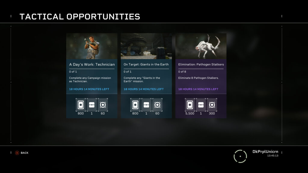 Two daily and one weekly challenge are shown. The text for the daily challenges reads: complete any campaign mission as Technician and complete and "Giants in the Earth" mission. The text for the Weekly mission reads: eliminate 8 Pathogen Stalkers.